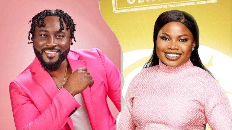 BBNaija star Pere in a bright pink suit smiling alongside BBNaija Season 10 housemate Doris in a patterned pink outfit.