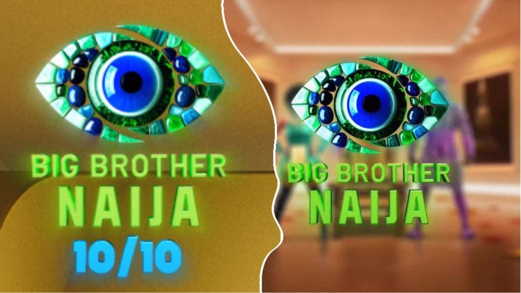 A split design featuring the Big Brother Naija Season 10 logos. The left side shows the green and blue eye logo with the text “Big Brother Naija 10/10,” while the right side displays the classic logo with “Big Brother Naija” against a blurred background.
