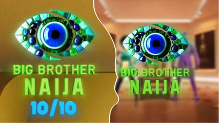 A split design featuring the Big Brother Naija Season 10 logos. The left side shows the green and blue eye logo with the text “Big Brother Naija 10/10,” while the right side displays the classic logo with “Big Brother Naija” against a blurred background.