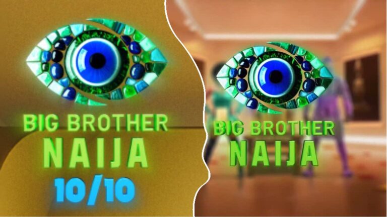 A split design featuring the Big Brother Naija Season 10 logos. The left side shows the green and blue eye logo with the text “Big Brother Naija 10/10,” while the right side displays the classic logo with “Big Brother Naija” against a blurred background.