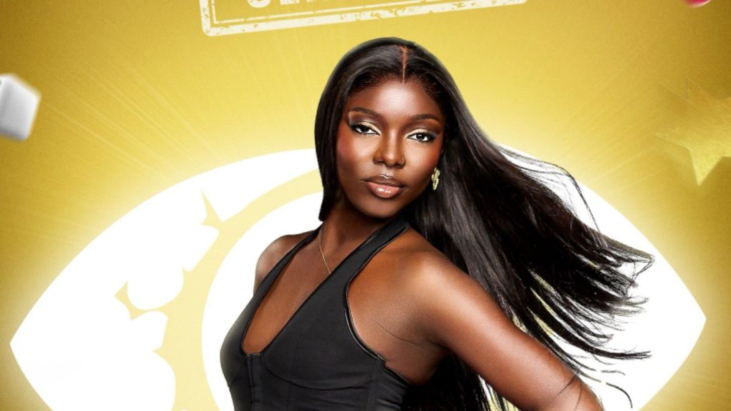 BBNaija Season 10 housemate Zita posing in a black outfit with her long hair flowing, set against the iconic Big Brother Naija eye logo backdrop.