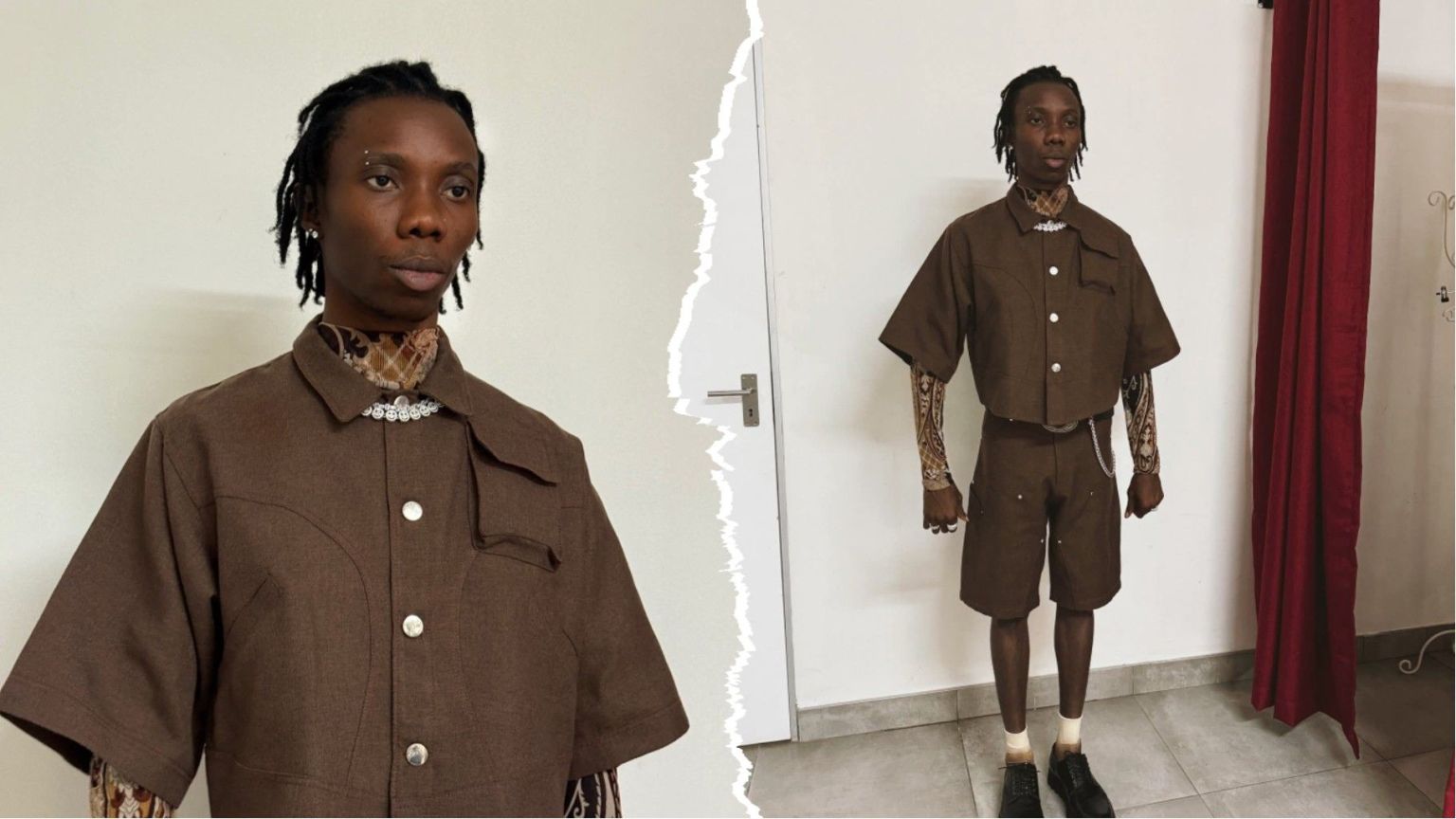 Blaqbonez poses in a brown two-piece outfit with patterned inner sleeves and necklace detail, standing indoors beside a white wall and red curtain.