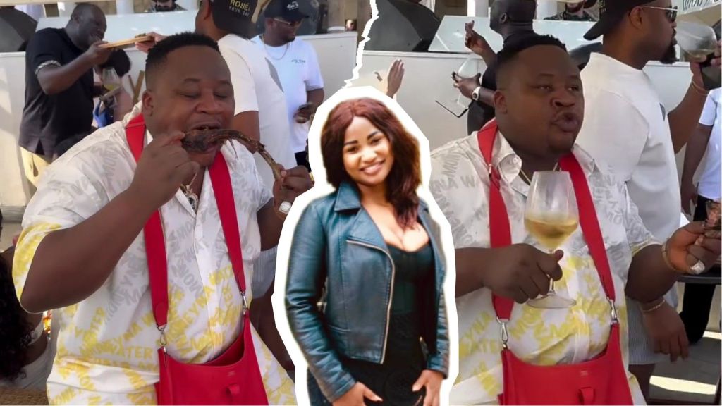 Cubana Chief Priest enjoying grilled meat and wine at a gathering, dressed in a white patterned shirt with a red crossbody bag. In the centre, an edited cut-out of his alleged Kenyan baby mama Hellen Ati is added, wearing a black outfit with a leather jacket and smiling at the camera.