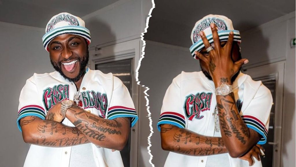 Davido posing in a stylish white Casablanca outfit with tattoos visible on his arms, smiling in one frame and covering his face playfully with his hand in the other.