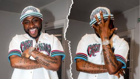 Davido posing in a stylish white Casablanca outfit with tattoos visible on his arms, smiling in one frame and covering his face playfully with his hand in the other.