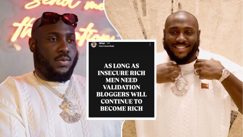 Dj Big N seen in two different poses wearing a white sweater and diamond chain with his name pendant, alongside his viral quote on insecure rich men and bloggers.