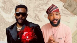 Ebuka Obi-Uchendu and Banky W appear side by side, dressed in elegant traditional and modern outfits, with a vintage map-themed background.