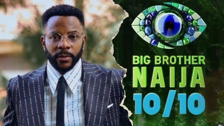 BBNaija host Ebuka Obi-Uchendu in a patterned suit alongside the Big Brother Naija Season 10 logo with the theme "10/10".