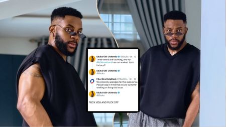 BBNaija host Ebuka Obi-Uchendu posing in a black sleeveless top and sunglasses, with a screenshot of his social media exchange with an internet service provider displayed in the centre.