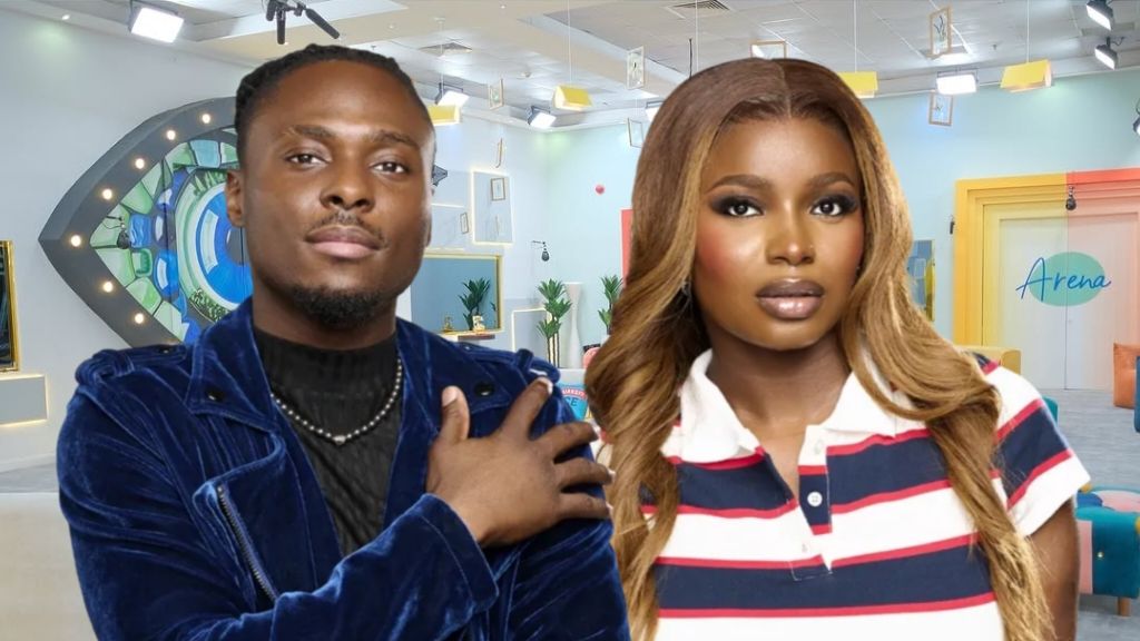 BBNaija Season 10 housemates Faith and Isabella posing inside the Big Brother Naija house, with the iconic eye logo and colourful lounge area visible in the background.