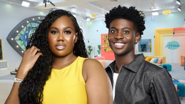 BBNaija Season 10 housemates Gigi Jasmine and Koyin posing together inside the Big Brother Naija house, with the iconic eye logo and vibrant lounge area in the background.