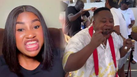 Side-by-side image of Hellen Ati speaking passionately and Cubana Chief Priest eating grilled meat at a social event.