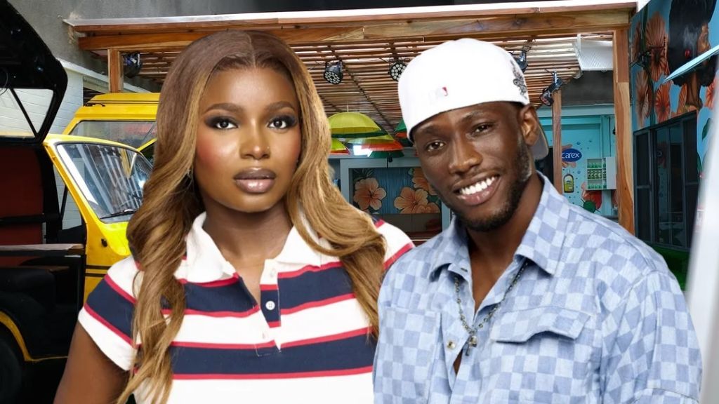 BBNaija Season 10 housemates Isabella and Kayikunmi posing together inside the Big Brother Naija house, with Isabella in a striped polo shirt and Kayikunmi in a light blue checkered shirt and white cap, smiling at the camera.