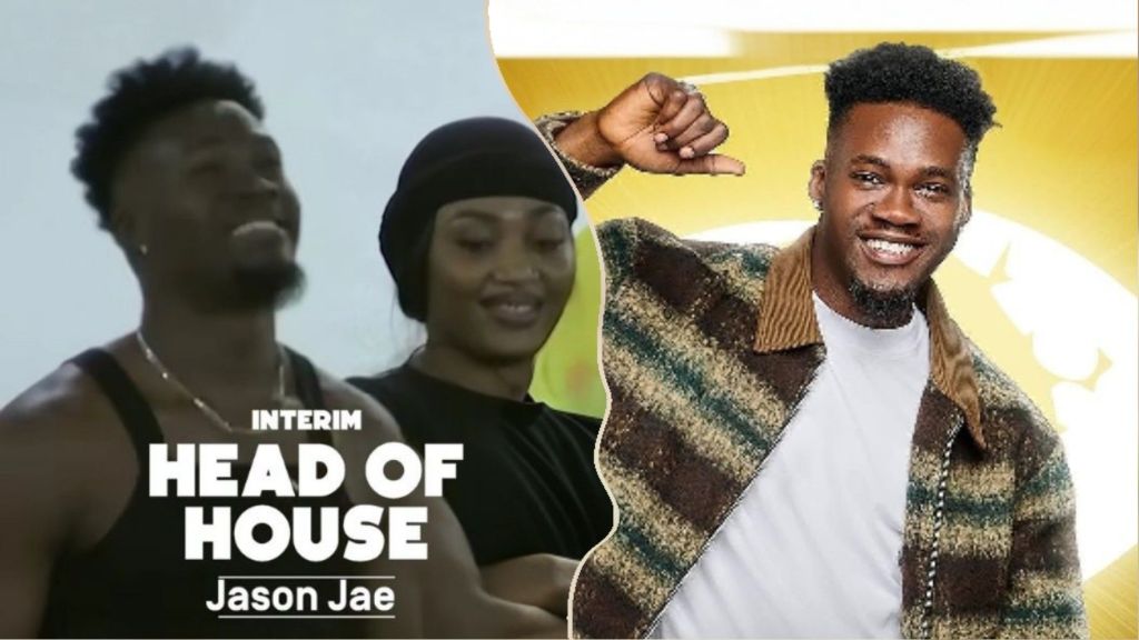 BBNaija Season 10 housemate Jason Jae smiling in a striped jacket alongside a scene of him being announced as the Interim Head of House, with fellow housemate Sultana also visible in the background.