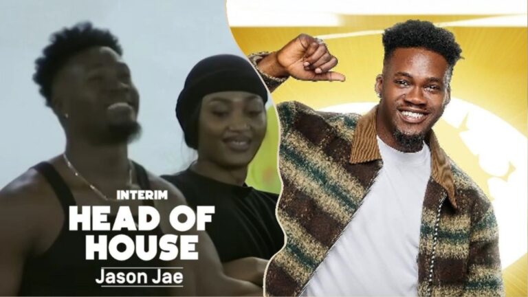BBNaija Season 10 housemate Jason Jae smiling in a striped jacket alongside a scene of him being announced as the Interim Head of House, with fellow housemate Sultana also visible in the background.