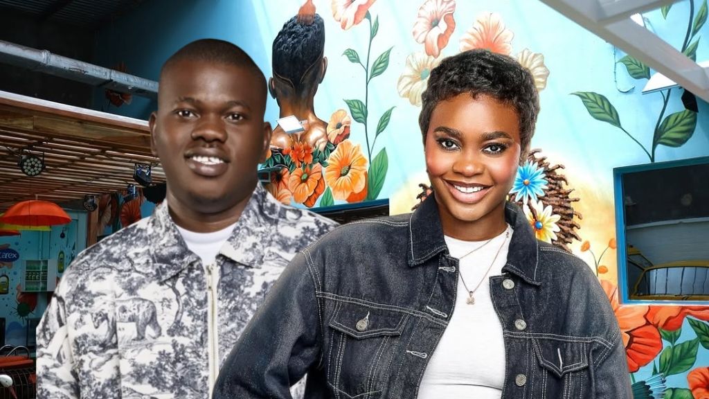 Kuture and Dede, BBNaija Season 10 housemates, smiling together inside the Big Brother Naija house with colourful floral wall art in the background.