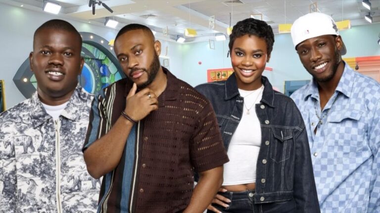 BBNaija Season 10 housemates Kuture, Kola, Dede, and Kayikunmi posing together inside the Big Brother Naija house, with the iconic eye logo and vibrant lounge area in the background.