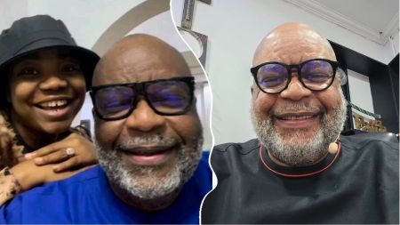 Mercy Chinwo smiling with her father as they pose for a cheerful selfie alongside a separate shot of her dad beaming in a close-up portrait.