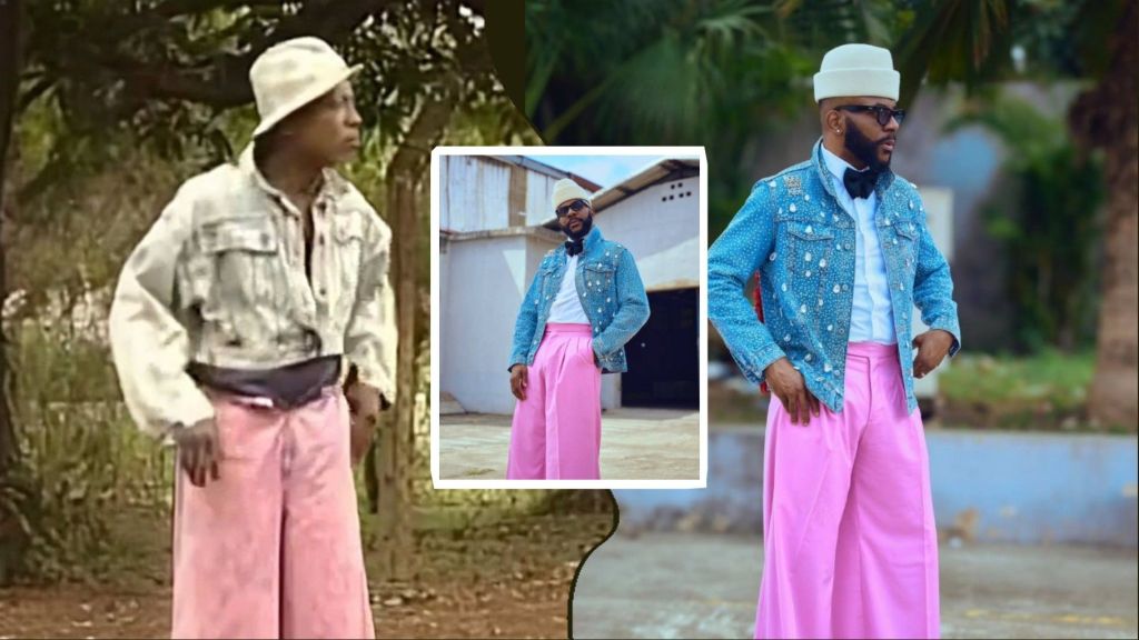 Side-by-side shots featuring Nkem Owoh and Ebuka Obi-Uchendu in matching retro looks. Nkem Owoh wears a light denim jacket, white bucket hat and pink trousers in a classic scene. Ebuka recreates the style with a studded denim jacket, white shirt, bow tie and pink wide-leg trousers.