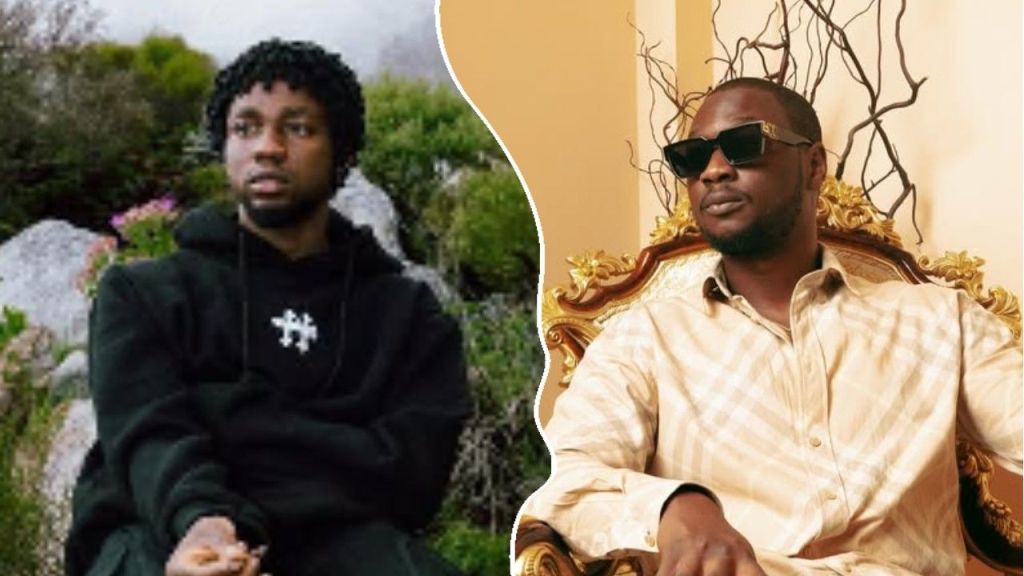 Omah Lay sits outdoors in a black hoodie while Donawon poses indoors on a gold chair wearing sunglasses.