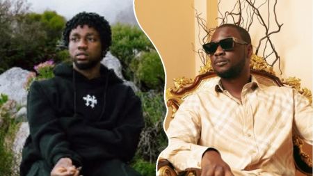 Omah Lay sits outdoors in a black hoodie while Donawon poses indoors on a gold chair wearing sunglasses.