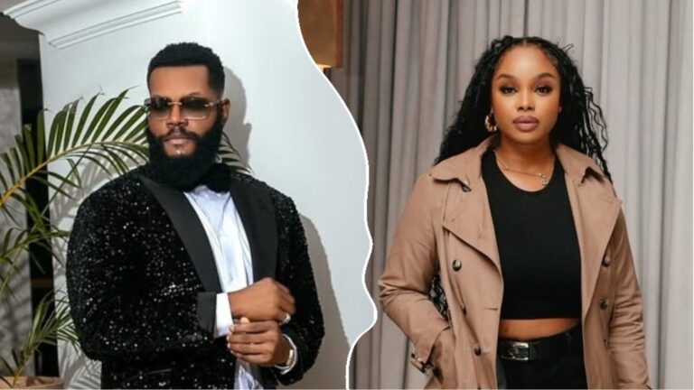 Ozee Mbadiwe in a black sequin suit beside Onyeka Chigbo in a brown trench coat.