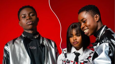 TikTok stars Peller and Jarvis pose in stylish outfits against a red background with a creative split design.