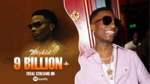 Nigerian singer Wizkid wearing sunglasses and jewellery, celebrating over 9 billion Spotify streams, with one side showing a promotional graphic and the other a candid smiling photo.