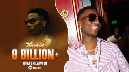 Nigerian singer Wizkid wearing sunglasses and jewellery, celebrating over 9 billion Spotify streams, with one side showing a promotional graphic and the other a candid smiling photo.