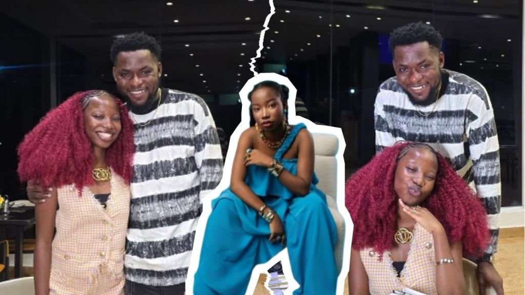 Mark Angel poses happily with Emmanuella in matching casual outfits, while another photo features Emmanuella seated in a stylish blue outfit, creating a collage that highlights their bond and partnership.