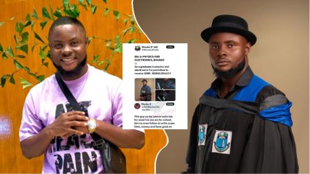Nduka, popularly known as Wonderdtalk, poses smiling in a casual outfit and in his graduation gown, alongside a screenshot of his graduation post and a course mate’s playful comment.