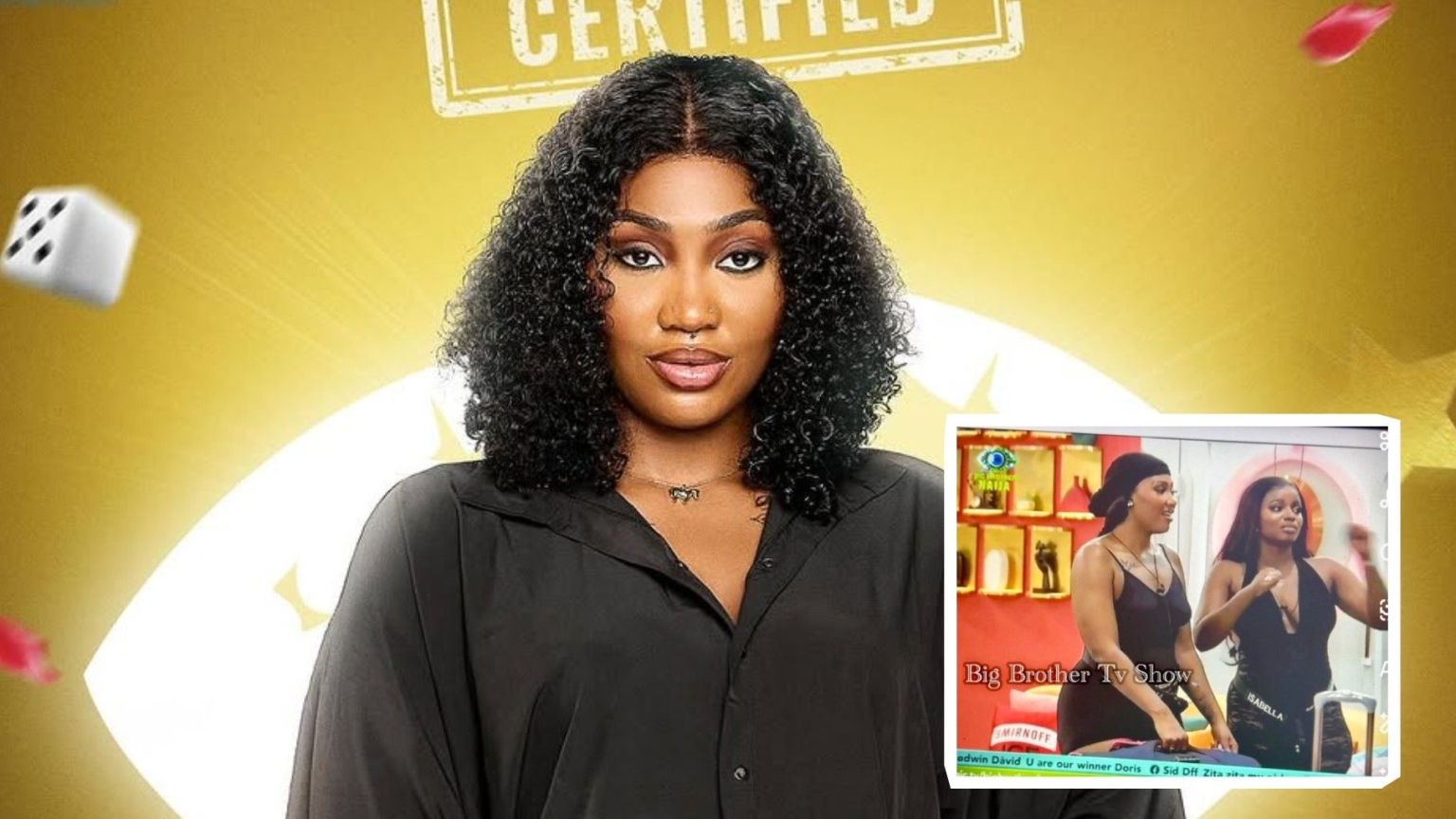 BBNaija Season 10 housemate Sultana in a black outfit with curly hair, posed against the Big Brother Naija eye logo backdrop. An inset shows her and a fellow housemate during a moment in the Big Brother house.