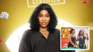 BBNaija Season 10 housemate Sultana in a black outfit with curly hair, posed against the Big Brother Naija eye logo backdrop. An inset shows her and a fellow housemate during a moment in the Big Brother house.