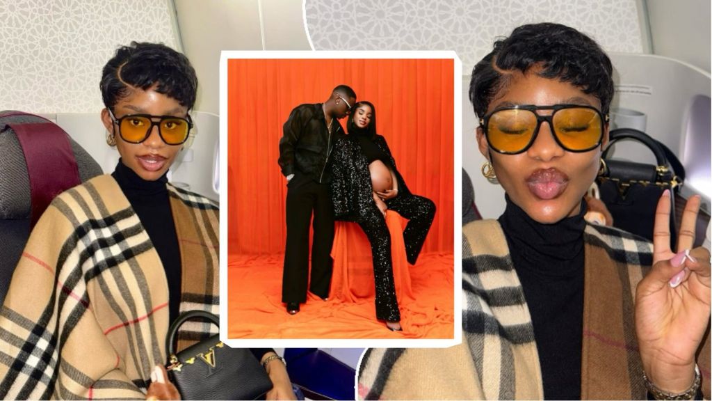 Priscilla Ojo poses in a stylish Burberry shawl and yellow-tinted glasses, with an inset showing her and her husband Juma Jux in a maternity shoot against an orange backdrop.