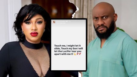 Queeneth Hilbert in a black mesh outfit beside Yul Edochie in a green traditional top, with Hilbert’s post warning against harming her son displayed in the centre.