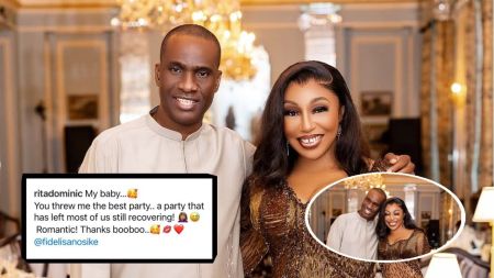 Rita Dominic and her husband Fidelis Anosike smiling and posing together in an elegant setting, with Rita’s appreciative birthday message to him displayed.