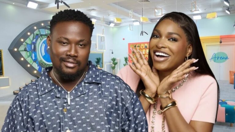 BBNaija Season 10 housemates Rooboy and Thelma Lawson smiling together inside the Big Brother Naija house, with the iconic eye logo and colourful lounge area in the background.
