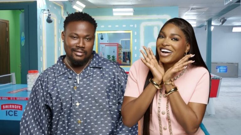 BBNaija Season 10 housemates Rooboy and Thelma Lawson posing together inside the Big Brother Naija house lounge, with a game area and pool table in the background.