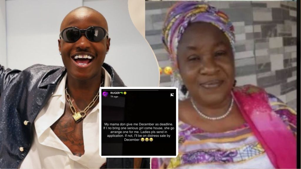 A split image featuring Nigerian singer Ruger on the left, smiling and wearing sunglasses, a shiny black jacket, white shirt, and gold chain with a lock pendant. On the right, a woman, presumably his mother, is dressed in a colorful headwrap and pink outfit with a pearl necklace. Overlaid is a Snapchat post by Ruger, dated 1 hour ago, with the text: "My mama don give me December as deadline. If no bring one serious girl come house, she go arrange one for me. Ladies pls send in application. If not, I’ll be on distress sale by December 😭😭."