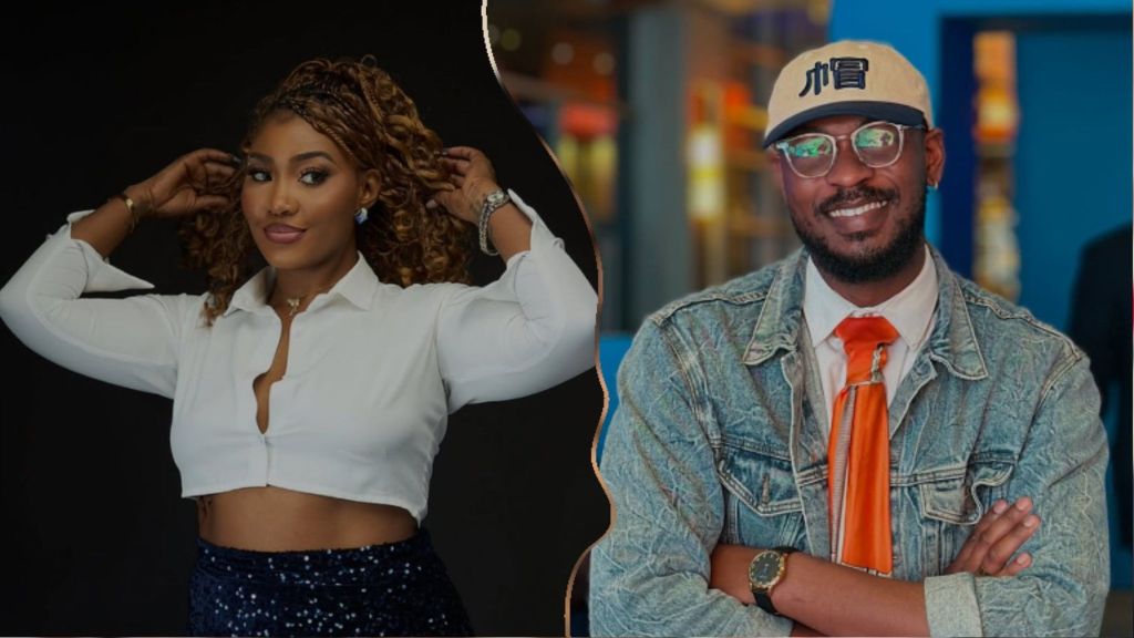 BBNaija Season 10 housemate Sultana in a white cropped blouse alongside former BBNaija star Adekunle Olopade in a denim jacket and orange tie.