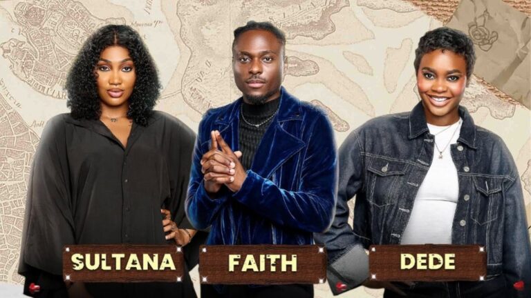 BBNaija Season 10 housemates Sultana, Faith, and Dede posing together against a vintage map-themed backdrop, with their names displayed on wooden name tags.