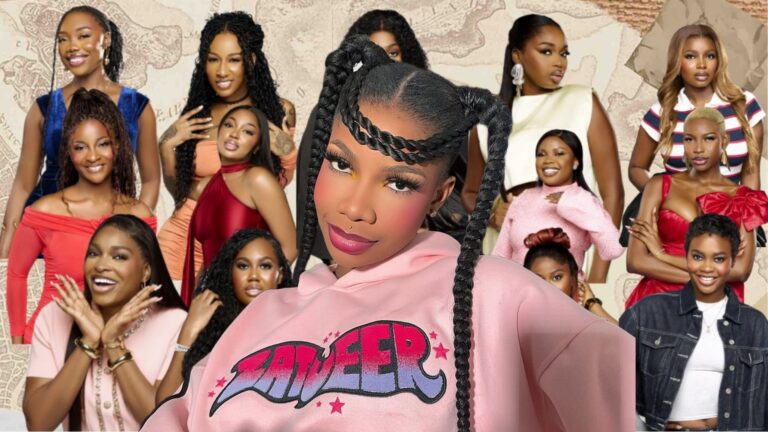 Former BBNaija star Tacha in a pink hoodie posing in front of a collage featuring all the female housemates of BBNaija Season 10.