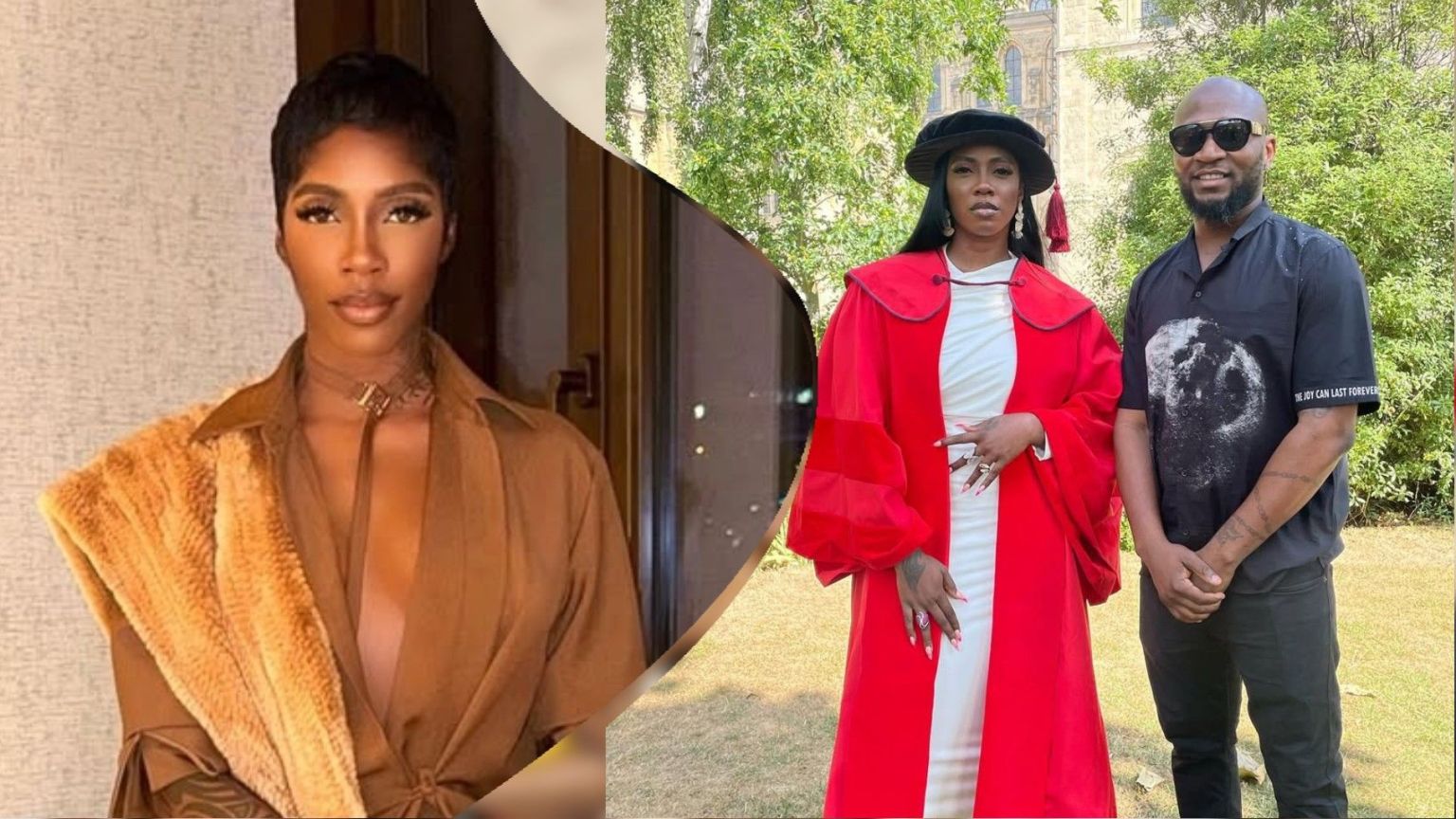 A side-by-side photo featuring Tiwa Savage. On the left, she poses indoors in a brown outfit with a fur detail. On the right, she stands outdoors in a red academic gown beside her ex-manager Mekka Millions, who is dressed in a black shirt and sunglasses.