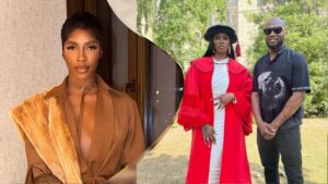 A side-by-side photo featuring Tiwa Savage. On the left, she poses indoors in a brown outfit with a fur detail. On the right, she stands outdoors in a red academic gown beside her ex-manager Mekka Millions, who is dressed in a black shirt and sunglasses.