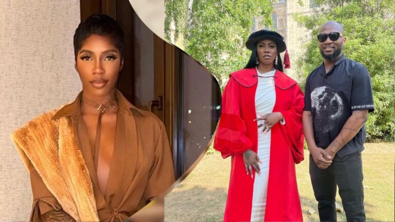A side-by-side photo featuring Tiwa Savage. On the left, she poses indoors in a brown outfit with a fur detail. On the right, she stands outdoors in a red academic gown beside her ex-manager Mekka Millions, who is dressed in a black shirt and sunglasses.