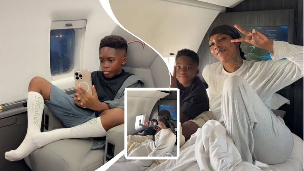Tiwa Savage and her son Jamil Balogun enjoy a private jet trip as Jamil uses his new iPhone, capturing window views and sharing bonding moments with his mum.