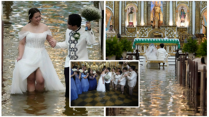 A newlywed couple walks hand in hand through knee-deep floodwaters inside a historic church in the Philippines. The bride smiles in her soaked white dress, while the groom holds her bouquet. Guests dressed in blue and white join the joyful celebration, despite the flooded venue. The altar, richly adorned in gold, stands in the background.