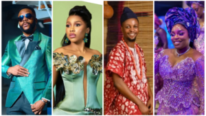 Ebuka, Mercy Eke, Laycon, and Bisola, all former Big Brother Naija stars, dressed in elegant and traditional outfits, posing confidently.