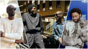 A collage featuring Donawon in sunglasses, Donawon and Omah Lay sharing a laugh outdoors, and Omah Lay posing at an event.