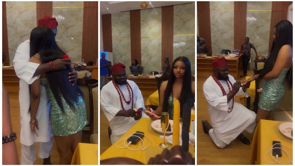A man in traditional attire proposes to his girlfriend in a decorated room, kneeling with a ring as she accepts, followed by a heartfelt embrace and a celebratory moment with a candlelit table.